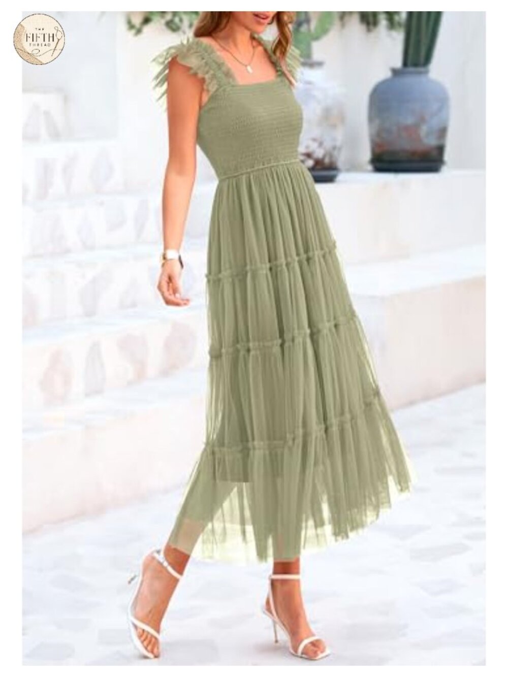 Women's Smocked Midi Tulle Dress Square Neck Sleeveless Fit and Flare A-Line - Picture 5 of 6